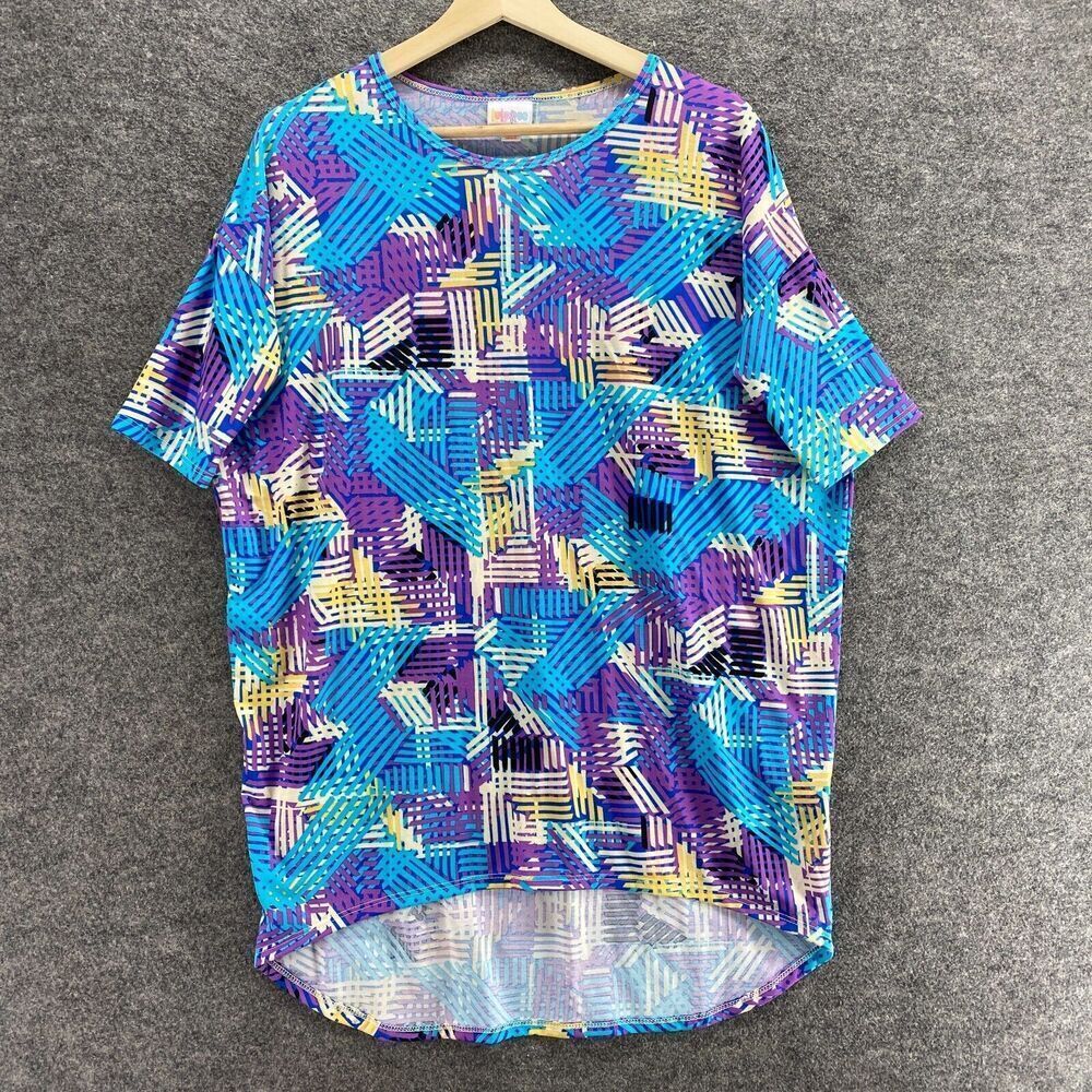 LulaRoe T-Shirt Women XS Blue Geometric Short Sleeve Round Neck Pullover Casual